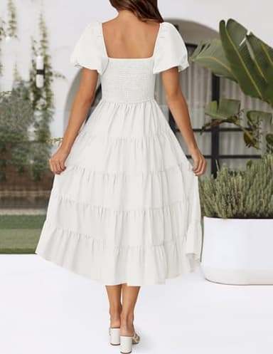 ZESICA Women's 2025 Summer Square Neck Short Puff Sleeve Solid Color High Waist Casual Smocked Flowy A Line Tiered Midi Dress,White,XX-Large - Image 4