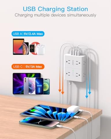 10Ft Extension Cord with Multiple Outlets, Flat Plug Power Strip Surge Protector 10 Ft Long Cord, 8 Outlet 4 USB Ports (2 USB C), Multi Outlet Wall Plug for Home Office, College Dorm Room Essentials - Image 5