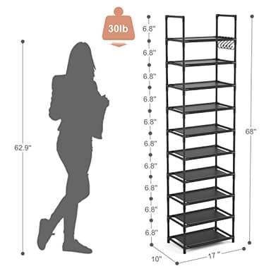 LANTEFUL 10 Tiers Tall Shoe Rack 20-25 Pairs Boots Organizer Storage Sturdy Narrow Shoe Shelf for Entryway, Closets with Hooks, Black - Image 3