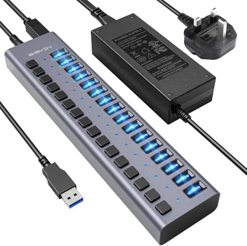 90W Powered USB Hub - ACASIS 16 Ports USB 3.0 Data Port, Aluminum Housing, Individual On/Off Switches, 12V/7.5A Power Adapter, USB Splitter for Laptop, PC, Computer, Printer - Image 1
