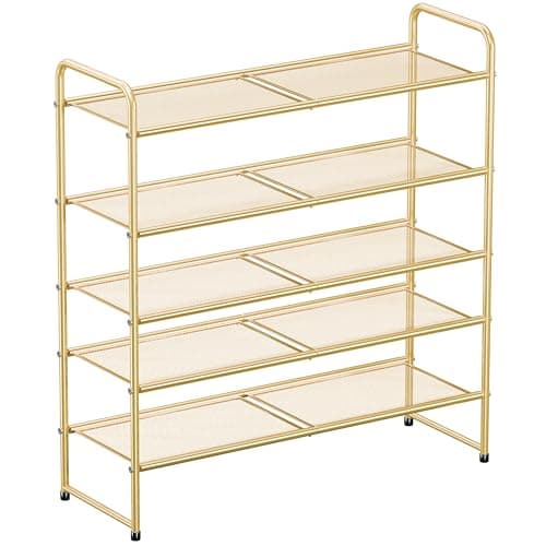 SUFAUY 33" Wide Shoe Rack, 5-Tier Shoe Storage Rack for 24-30 Pairs of Shoes, Mesh Shoe Organizer for Entryway Closet, Steel Frame, Industrial, Gold - Image 1