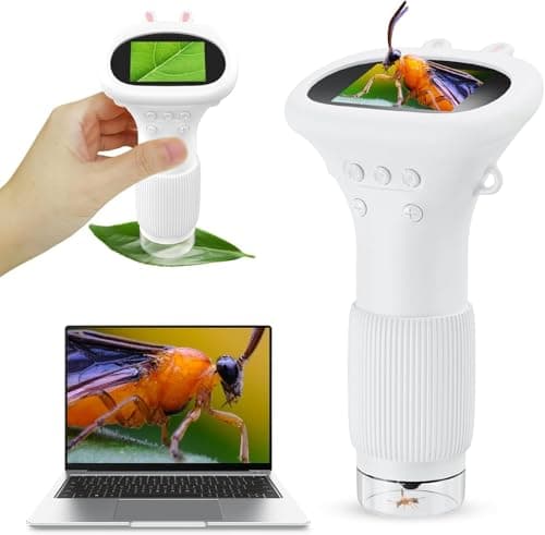 Microscope for Kids, 2'' Inch HD Screen Pocket Portable Microscope, 1000x Magnification Mini Magnifying Glass with Light for Kids, for 3-12 Girls & Boys - White - Image 1