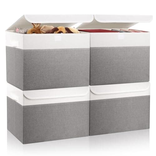 Bagnizer Large 22 Quart Linen Fabric Foldable Storage Bin Cube Organizer Basket with Flip-Top Lid & Handles, Clothes Blanket Box for Home, Office, Closet, Gray & White, 4 Pack 14.6 x 9.5 x 9.5” - Image 1