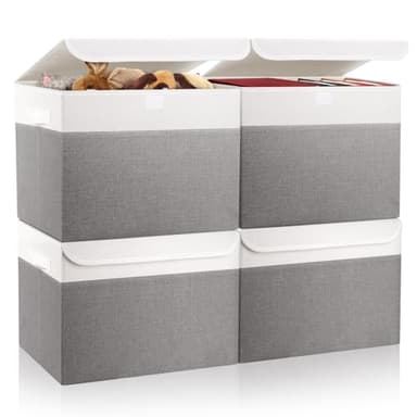 Bagnizer Large 22 Quart Linen Fabric Foldable Storage Bin Cube Organizer Basket with Flip-Top Lid & Handles, Clothes Blanket Box for Home, Office, Closet, Gray & White, 4 Pack 14.6 x 9.5 x 9.5” - Image 1
