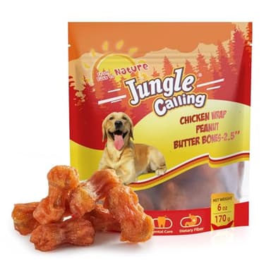 Jungle Calling Rawhide Free Dog Chew Treats, Real Chicken Wrapped Peanut Butter Bones, Teeth Clean Chewy Training Snacks, 6 oz - Image 1
