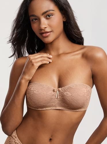 DOBREVA Women's No Padding Strapless Lace Bra Underwire Multiway See-Through Gravel Beige 34E - Image 3