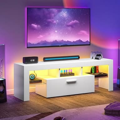 Clikuutory Modern Lighting 51 inch TV Stand with Large Storage Drawer for 32 40 50 55 Inch TVs, TV Console with 20 Color LED Lights, Entertainment Center Media and Open Shelf for Bedroom, White - Image 2