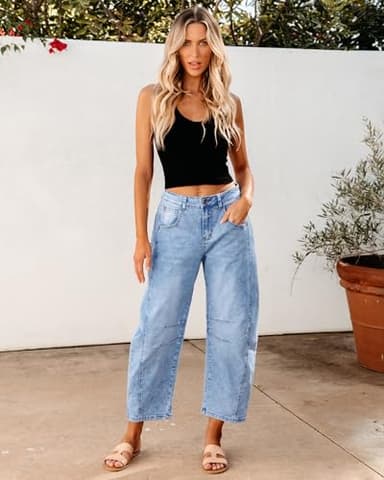 GRAPENT Country Concert Outfits for Women Wide Leg Cropped Pants Short Jeans for Women Barrel Leg Boyfriend Jean Trousers Stretchy 2025 Color Roadnight Blue X-Small Petite Size 0 to 2 - Image 4