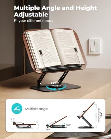 Viozon Book Stand for Reading,Book Holder, Height&Angle Adjustable, 360° Rotating Base, Foldable and Portable, Lightweight for Office, Kitchen, School Textbook, Recipe, Magazine,Kindle,Tablet DW - Image 3