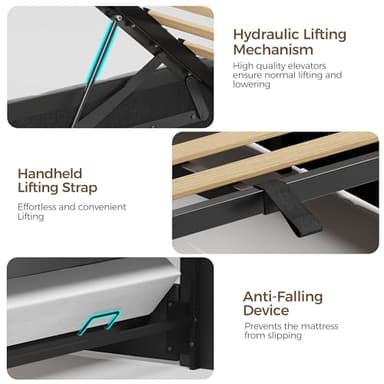 Rolanstar Bed Frame Full Size with Lift Up Storage, Charging Station & LED Lights, Upholstered Storage Headboard, Heavy Duty Wooden Slats, No Box Spring Needed, Noise Free, Easy Assembly, Black - Image 8