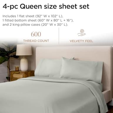 Threadmill 100% Cotton Sheets for Queen Size Bed - 600 Thread Count Queen Bed Sheets Set with 16” Deep Pocket - Sateen Weave 4-Piece Bedding Set with Cooling Effect, Light Grey - Image 2