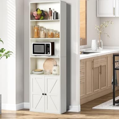 oneinmil 6 Tier Bookshelves and Bookcase with Doors Industrial Set of 2 Double Wide Floor Standing Book Shelf 71" Tall Display Shelves Bookshelf with Storage Cabinets for Living Room White - Image 6