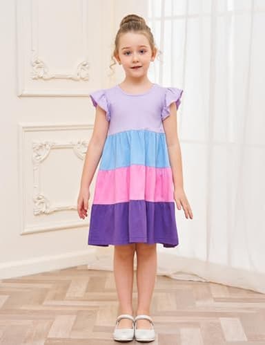 Little Girl Summer Dress Cotton Pocket Easter Ruffle Short Sleeve Tiered Swing Twirly Casual Sundress Dresses for Girls Clothes Outfits Clothing Color Block Lilac 6-7 Years - Image 2