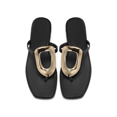 Wnshonzy Flip-Flops for Women Thong Sandals Flat Black Slip on Slides Leather Beach Comfort Open Square Toe Ladies Slipper Dressy Metal Hardware Decoration Summer Shoes Casual Fashion - Image 7
