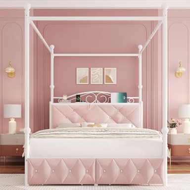 Full Upholstered Canopy Bed Frame with 2 Drawers & Crystal Tufted Storage Headboard Two-Purpose Metal Platform Bed with 4 Removable Posts & Charging Station Pink Princess Bed, Curtain Not Included - Image 3