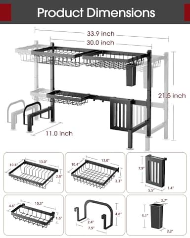 Sakugi Over The Sink Dish Drying Rack - Adjustable 2 Tier Large Capacity Stainless Steel Drainer with Cutlery & Utensil Holders, Kitchen Storage & Organization, 30"-33.9" L x 11" W x 21.5" H, Black - Image 4