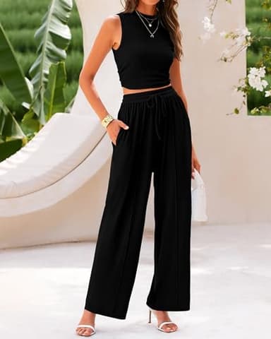 BTFBM Women Summer 2 Piece Outfits 2025 Beach Crew Neck Sleeveless Cropped Top Elastic Waist Wide Leg Pants Lounge Set(Black, Medium) - Image 4