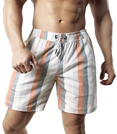 JOTOOK Men's Casual Drawstring Corduroy Shorts Elastic Waist Summer Shorts with Pocket Printed Short Medium Grey White Stripe - Image 3