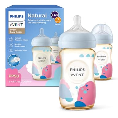 Philips Avent PPSU Natural Baby Bottles with Medium Flow Nipples (Flow 3), 9oz, with Decoration, 2-Pack, SCY943/02 - Image 1