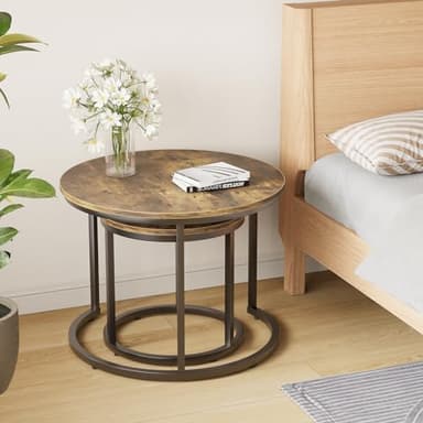 Smuxee Nesting Coffee Table Set of 2, 23.6" Round Coffee Table Rustic Wood Top with Adjustable Non-Slip Feet, Industrial End Table Side Tables for Living Room Bedroom Balcony Yard - Image 7