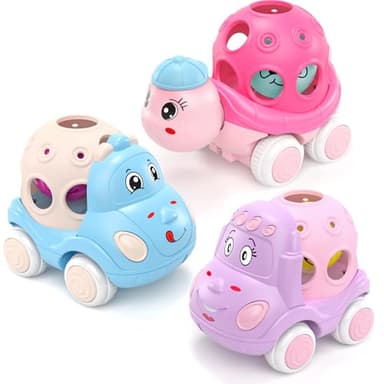 BeAndge Baby Girl Toys Gifts for 1 2 Year Old Girls, Pink Cars for Babies 6-12 12-18 Months, Push and Go Trucks for Toddlers, Soft Rattle and Roll Toys for One & 1+ Infants First Birthday Gift - Image 1