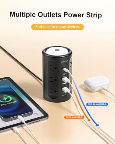 AnnTane Power Strip Tower with Night Light, Power Strip Surge Protector with USB Ports, Extension Cord 10 FT with Multiple Outlets (12AC+3A+2C) for Home Office Desk DormRoom (Black) - Image 6