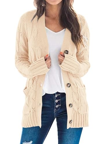 PRETTYGARDEN Women's Open Front Cardigan Sweaters Fall Fashion Button Down Cable Knit Chunky Winter Clothing Outerwear Coats (Beige,Small) - Image 1