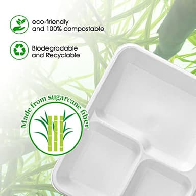 ECOLipak 100% Compostable 5 Compartment Plates, 125 Pack Disposable Paper Plates, Heavy-Duty Biodegradable Sugarcane Plates, Eco-Friendly School Lunch Trays - Image 7