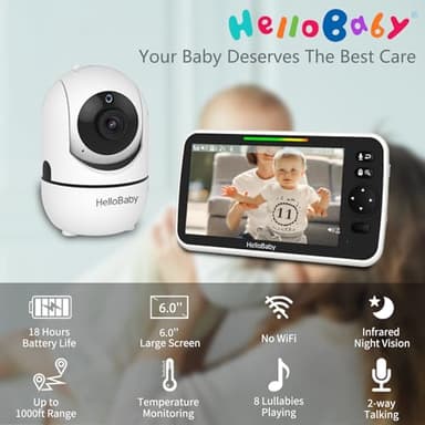 HelloBaby 6'' World First IPS 30H Battery Split-Screen Video Baby Monitor with Camera and Audio, No WiFi, Pan-Tilt-Zoom, VOX, 2-Way Talk, Night Vision, 8 Lullabies, 1000ft, for New Parents/Elderly - Image 2