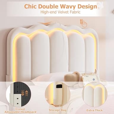 Twin Upholstered LED Bed Frame with Storage Drawer and Adjustable Chic Double Wavy Headboard, Velvet Princess Platform Bed for Kids/Girls, Solid Wood Slats Support, No Box Spring Needed, Beige - Image 6
