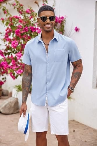 COOFANDY Mens Summer Shirt Short Sleeve Button Down Shirts Beach Weeding Outfit Clear Blue - Image 2