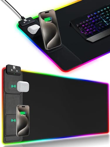 XXL Mouse Pad with Phone Holder - Black, RGB Desk Mat with 15W Fast Charging, LED Gaming Mousepad with 11 Light Colors, Waterproof Non-Slip Pad for Office & Home - Image 1