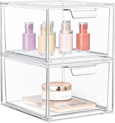 SpaceHacks 2 Pack Stackable Makeup Organizer and Storage, Acrylic Organizers，Clear Plastic Storage Drawer with Handles for Vanity, Undersink, Kitchen Cabinets, Pantry - Image 1