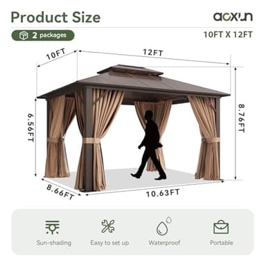 Aoxun 12'x10' Hardtop Gazebo, Aluminum Frame Permanent Pavilion with Curtains and Netting, Outdoor Polycarbonate Double Roof Canopy, Designed for Garden, Lawns, Patio, Brown - Image 2