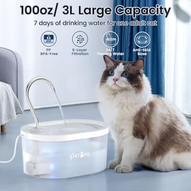 Cat Water Fountain, 100oz/3L Cat Fountain, Super Silent Pet Water Fountains for Cats Indoor, LED Water Level Alarm Light, Faucet Cat Fountain with Quiet Pump for Cats Dogs, BPA-Free, Easy Clean-White - Image 2