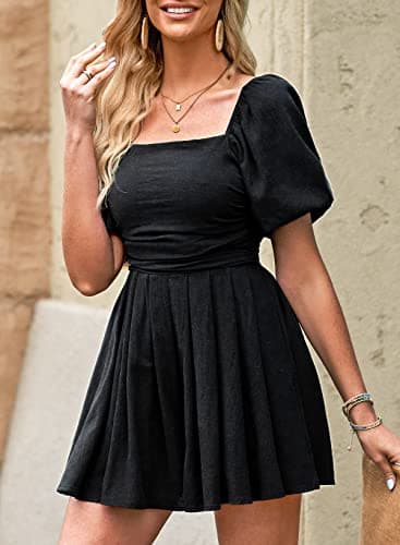 AlvaQ Womens Rompers for Summer 2025 Puff Sleeve Square Neck Casual Spring Flowy Romper Shorts Jumpsuit with Pocket Teen Beach Vacation Outfits,Black,Medium - Image 3