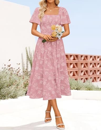 ZESICA Women's Summer Boho Floral Midi Dresses 2025 Casual Short Sleeve Square Neck Flowy Beach Vacation Long Dress,Pink,X-Large - Image 8