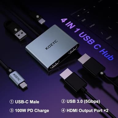 USB C to Dual HDMI Adapter 4K@30Hz, KOZYC USB C Hub Multiport Adapter with 2xHDMI, USB 3.0, 100W PD, Support USB C to HDMI Splitter Extended Display for MacBook Pro (MST is not Supported on MacOS) - Image 2