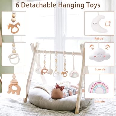 Wooden Baby Gym with 6 Gym Toys, Foldable Baby Play Gym, Natural Pine Wood Play Gym, Frame Activity Center Hanging Bar, Wooden Play Gym - Image 3