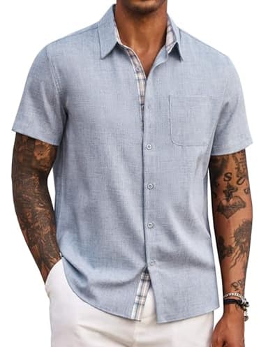 COOFANDY Men's Short Sleeve Shirts Casual Button Down Summer Beach Shirt Light Denim Blue - Image 1
