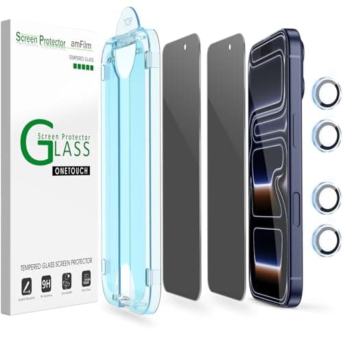 amFilm OneTouch Privacy Screen Protector for iPhone 17 Pro Max + Camera Lens Protector | Auto-Alignment install | Bubble Free | 9H Tempered Glass | Shatterproof | Anti Privacy | Case Friendly 2+4 Pack - Image 1