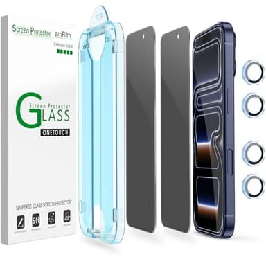 amFilm OneTouch Privacy Screen Protector for iPhone 17 Pro Max + Camera Lens Protector | Auto-Alignment install | Bubble Free | 9H Tempered Glass | Shatterproof | Anti Privacy | Case Friendly 2+4 Pack - Image 1