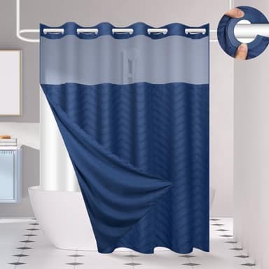 FADOTY No Hook Shower Curtain and Snap in Liner Set Navy Blue Tufted Chevron Striped Cloth Waterproof Washable Fabric Boho Bath Curtain with See Through Mesh Top Window for Bathroom Hotel 71" x 74" - Image 1