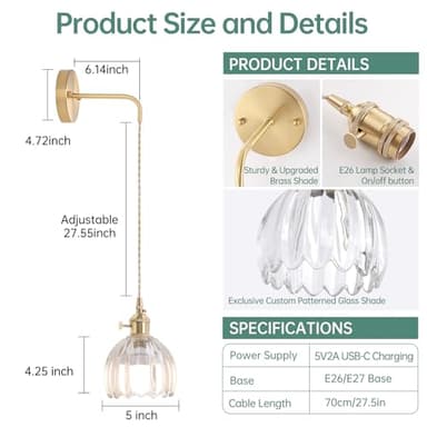 Shenmoyl Battery Operated Wall Sconce with Clear Tulip Shade Pattern Glass Adjustable Chain Retro Gold Wall Mounted Light, Modern Wall Decor for Bedside Bedroom Indoor Doorway， Set of 2 - Image 3