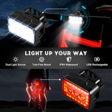 Super Bright Bike Headlight-Taillight Combinations, USB Rechargeable Bicycle Lights Front and Back, Waterproof LED Bike Lights for Night Riding, Mountain/Cycling/Scooter Safety Accessories - Image 2