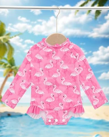 babygoal Infant Baby Girl One-Piece Swimsuit Long Sleeve Rash Guard with Hat Set, Flamingo Zipper Toddler Bathing Suit for Beach & Pool- YZU14-3-6M-B - Image 4