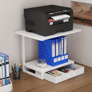 YAOHUOO 2-Tier Desktop Printer Stand with Fabric Drawer, Prtiner Table with Storage Shelf, Desk Organizer for Home Office,3D Printer,Fax Machine,Scanner, 19.6"x14.9" White - Image 4