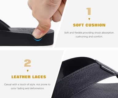 KuaiLu Men's Leather Flip Flops Arch Support Summer Beach Pool Water Thong Sandals Waterproof Rubber Walking Shoes Slip on Orthotic Casual Sport Cushioned Wide Slides Shower Slippers black Size 9 - Image 5