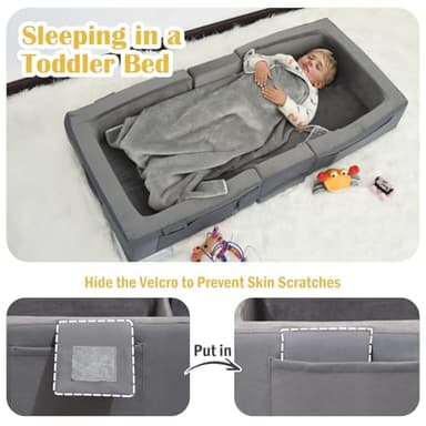 ENITYA Toddler Travel Bed – Portable Foldable Soft Foam Floor Bed for Kids 18M–4yr, No Assembly, Washable Cover, Built-in Safety Rails, Compact for Travel & Home Use, Grey - Image 5