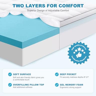 MASVIS King Size Dual Layer 4 Inch Memory Foam Mattress Topper, 2 Inch Gel Memory Foam and 2 Inch Cooling Pillow Top Mattress Pad Cover for Back Pain, Medium Support - Image 2